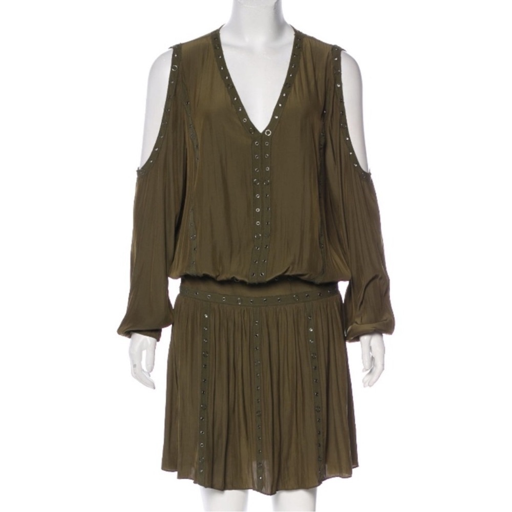 Ramy Brook Long Sleeve Cold Shoulder Studded Olive Green Silk Dress Sz M